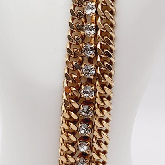 Vintage Wide Three Strand Gold Tone Bracelet - 7 1/4 Inches, Curb Rhinestones - Picture 3 of 10
